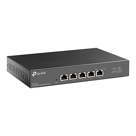Schwarzer Netzwerk-Switch von tp-link mit fünf Anschlüssen. Beschriftung: TL-SX105, 5-Port 100 Multi-Gigabit Desktop Switch.