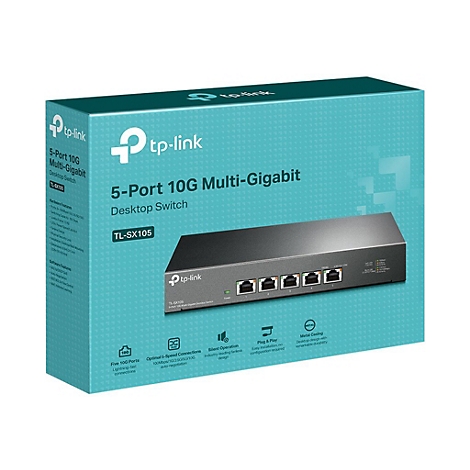 TP-Link 5-Port 10G Multi-Gigabit Desktop Switch TL-SX105 in Produktverpackung.