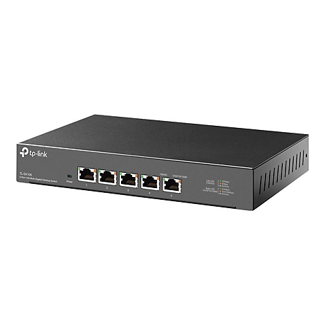 Schwarzer Netzwerk-Switch von tp-link, mit Anschlüssen, Beschriftungen und LED-Anzeigen.