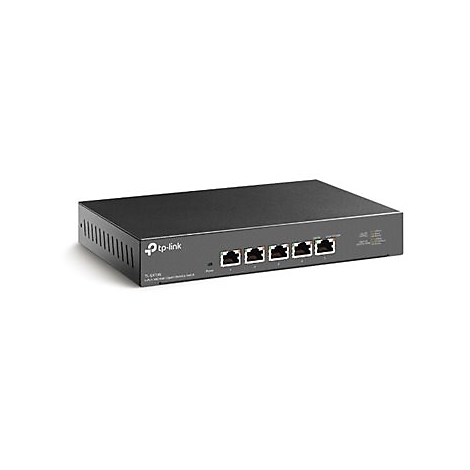 Schwarzer Netzwerk-Switch mit fünf Anschlüssen, Marke tp-link, auf weißem Hintergrund.