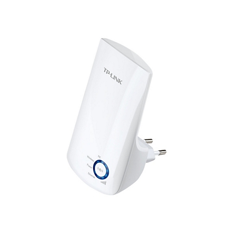 Weißer TP-Link-WLAN-Repeater mit Stecker, blaue LED-Anzeigen.