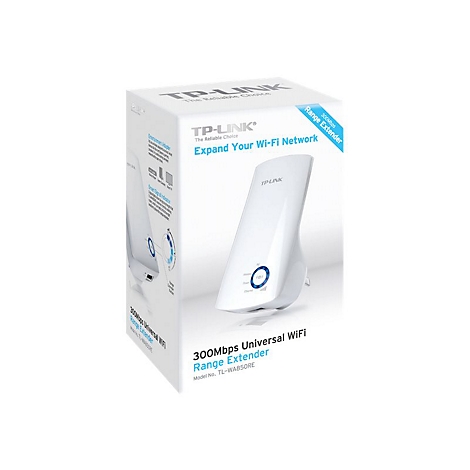Ein weißer TP-Link WLAN-Repeater und seine Verpackung vor weißem Hintergrund. Auf der Verpackung steht: 300 Mbps Universal Wi-Fi Range Extender.