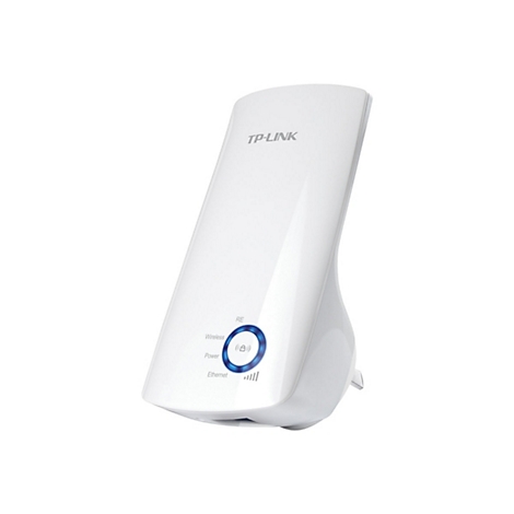 Weißer WLAN-Repeater mit TP-Link-Logo, blaue LED-Anzeige. Stecker unten rechts.