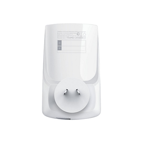 Weißer WLAN-Repeater, Rückseite mit Steckerkontakt und Beschriftung.