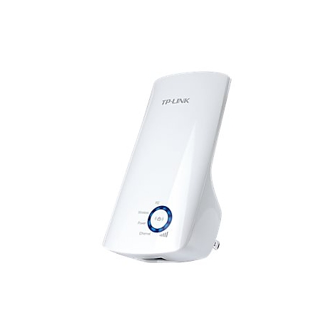 Weißer TP-Link WLAN-Repeater mit blauer LED-Anzeige. Das Gerät steht vor weißem Hintergrund.