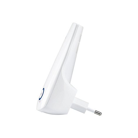 Ein weißer WLAN-Repeater im Profil, mit Stecker und blauer Taste. Auf hellem Hintergrund.