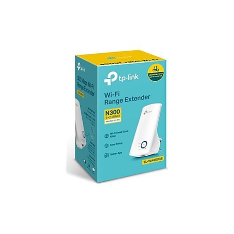 Ein Wi-Fi Range Extender von tp-link, verpackt in einer blau-gelben Box. Auf der Box ist ein Bild des Geräts sowie technische Daten abgebildet.