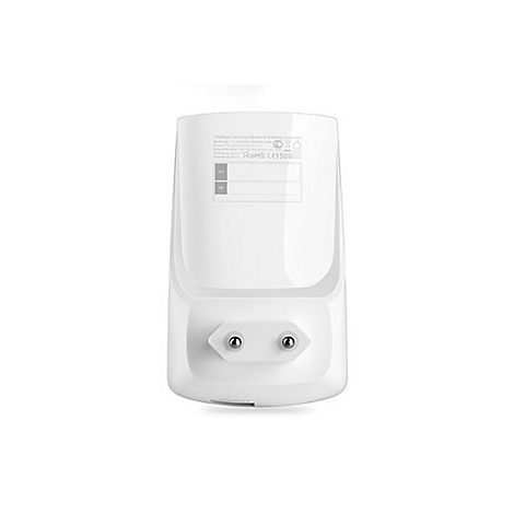 Ein weißer WLAN-Repeater mit Stecker und technischen Daten auf der Rückseite.