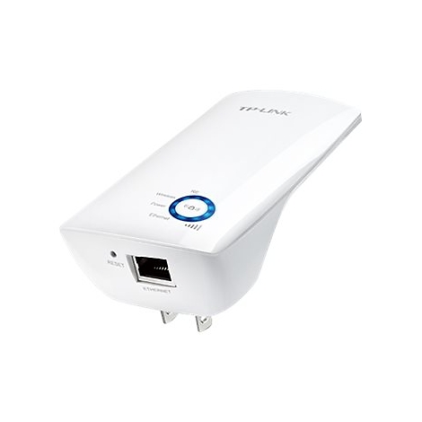 Weißer TP-Link WLAN-Repeater mit blauer LED-Anzeige. Er hat einen Ethernet-Anschluss und einen Reset-Knopf.