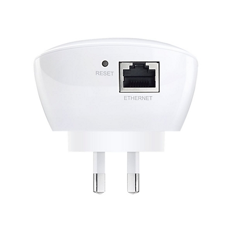 Weißer WLAN-Repeater mit Reset-Knopf, Ethernet-Anschluss und Netzstecker.