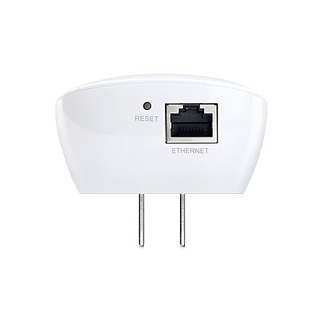 Ein weißer WLAN-Repeater mit zwei Steckern. Auf der Vorderseite: Reset-Knopf, Ethernet-Anschluss und ein Licht.