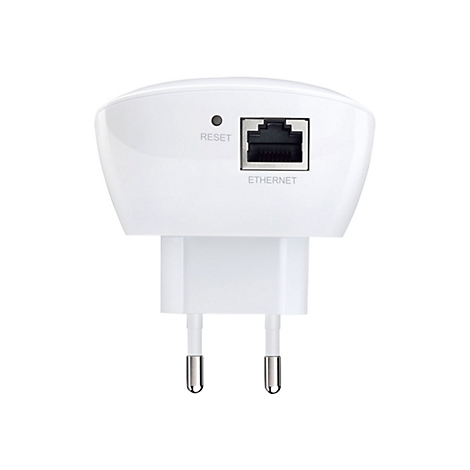 Ein weißer WLAN-Repeater mit Stecker und Ethernet-Anschluss. Aufschrift: "RESET", "ETHERNET".
