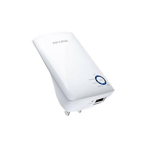Ein weißer TP-Link WLAN-Repeater mit blauer LED-Anzeige und Anschlüssen.