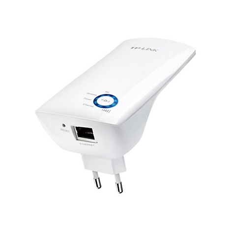 Weißer TP-Link WLAN-Repeater mit blauer LED und Ethernet-Anschluss; Stecker unten.
