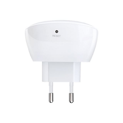 Ein weißer, an die Steckdose anschließbarer WLAN-Repeater mit Reset-Knopf.