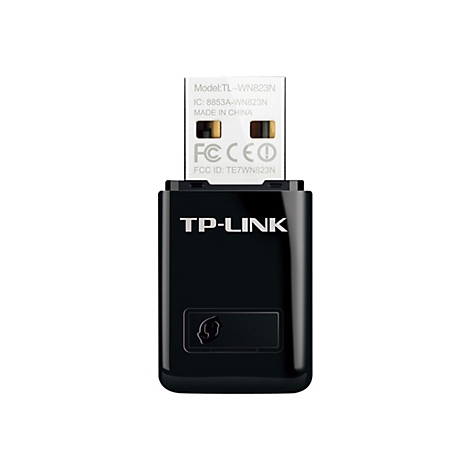 Schwarzer USB-WLAN-Adapter von TP-Link. Das Produkt hat einen schwarzen KÃ¶rper und einen weiÃŸen Stecker mit Aufdruck.