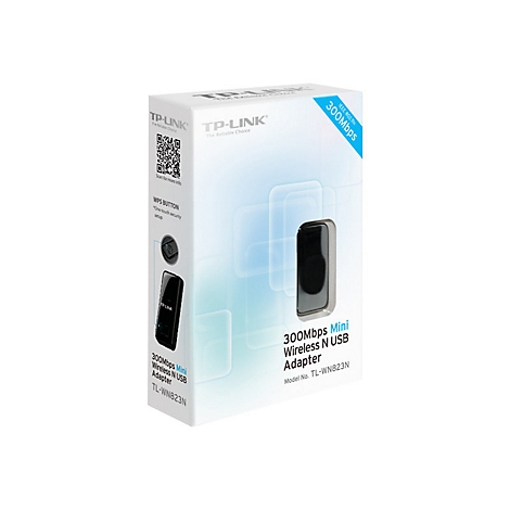 Produktverpackung des TP-Link 300Mbps Mini Wireless N USB Adapters, weiÃŸer Hintergrund.