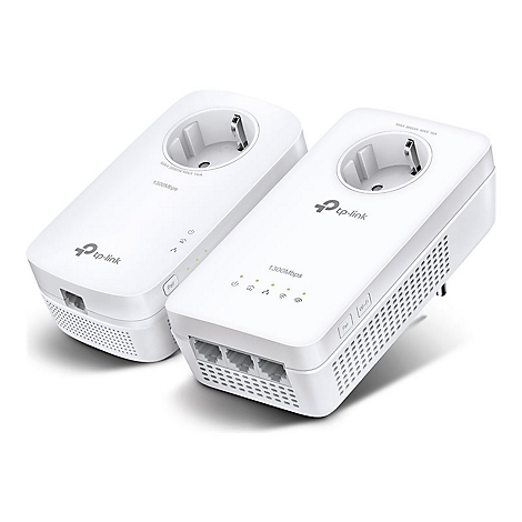Zwei weiße TP-Link Powerline-Adapter mit Steckdosenanschluss und LAN-Ports auf weißem Hintergrund.