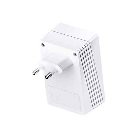 Weißer WLAN-Repeater mit Stecker, perspektivisch abgebildet.