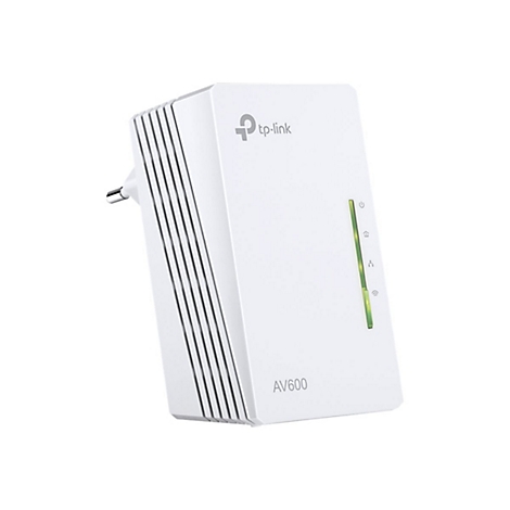 Weißer TP-Link AV600 Powerline-Adapter, eingesteckt, mit leuchtenden Statusanzeigen.