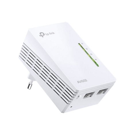 Weißer TP-Link AV600 Powerline Adapter, mit Steckdose und LED-Anzeige, auf weißem Hintergrund.