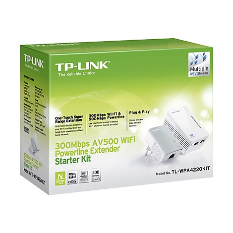 TP-Link AV500 Wi-Fi Powerline Extender Starter Kit auf Verpackung, grün-weiß. Text: TP-Link, Spezifikationen, Plug & Play.