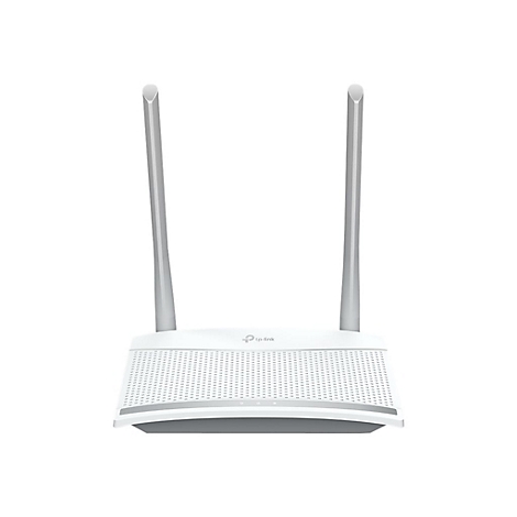 Weißer TP-Link WLAN-Router mit zwei abstehenden Antennen auf weißem Hintergrund.