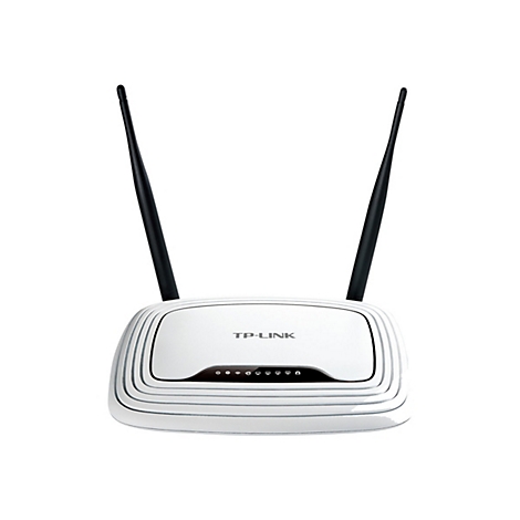 Weißer TP-Link Router mit zwei schwarzen Antennen. Auf der Oberseite steht TP-LINK.