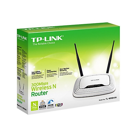 Ein weißer TP-Link Wireless N Router mit schwarzen Antennen steht vor einer grünen Schachtel mit Produktinformationen.