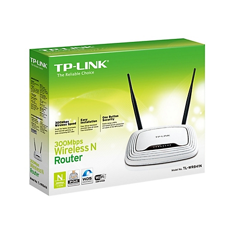 Ein weißer TP-Link Wireless N Router mit schwarzen Antennen, auf einer grünen Verpackung mit Produktinformationen.