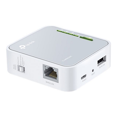 WeiÃŸer Router mit grauer Oberseite, AnschlÃ¼ssen und grÃ¼nen LEDs. Beschriftungen: WAN/LAN, USB, Power, Reset, tp-link.