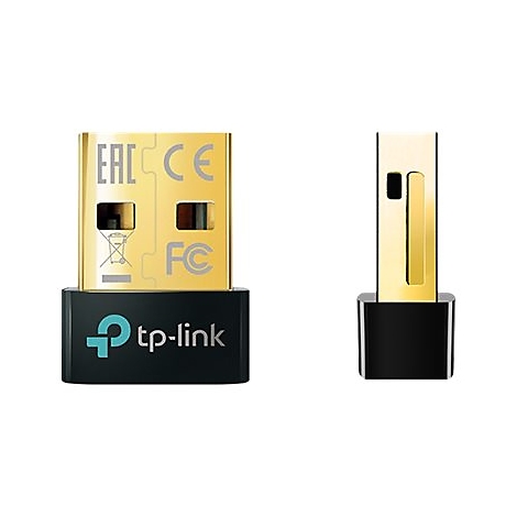 Zwei Ansichten eines schwarzen und goldenen USB-WLAN-Adapters. Der Adapter ist mit tp-link und diversen Zertifizierungen beschriftet.