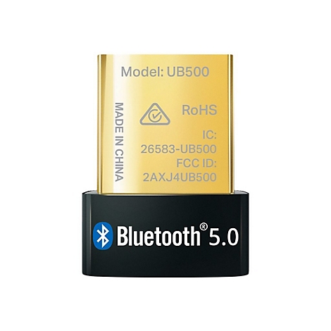 Kleiner, goldfarbener Bluetooth-Adapter mit schwarzen Sockel, mit Logos und Schriftzügen wie "Bluetooth 5.0" und "Made in China".