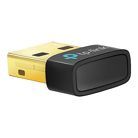 Ein goldener USB-Adapter mit schwarzem Gehäuse und tp-link-Logo.