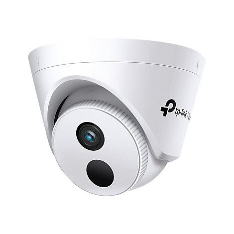 Weiße TP-Link VIGI Überwachungskamera im Kuppeldesign vor weißem Hintergrund.