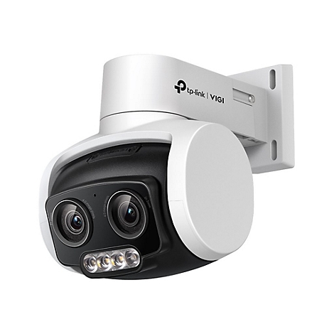 Une caméra de sécurité TP-Link VIGI blanche et noire, montée sur un mur. Comprend des lentilles, des LED et des logos.