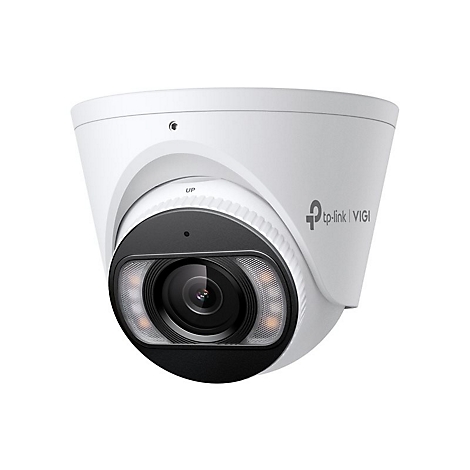Weiße tp-link VIGI Dome-Überwachungskamera mit Objektiv und Logo. Der Schriftzug "UP" ist erkennbar.