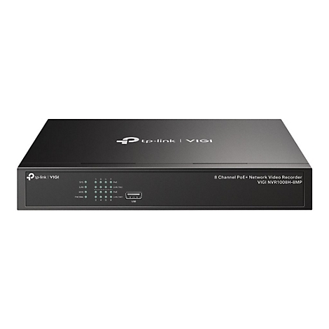 Schwarzer Netzwerk-Videorekorder von tp-link, mit Indikator-LEDs und USB-Anschluss. Aufschrift: VIGI NVR1008H-8MP.