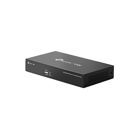 Schwarzer Netzwerk-Videorekorder, vorne USB-Anschlüsse, Text: 8-Channel Network Video Recorder.
