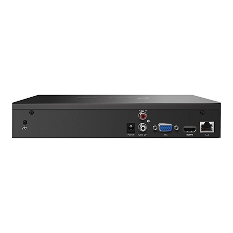 Rückseite einer schwarzen, rechteckigen Elektronikbox mit Anschlüssen für Strom, Audio, VGA, HDMI und LAN.