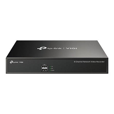 Schwarzer Netzwerk-Videorecorder mit Logo und Anschlüssen. Text: 8 Channel Network Video Recorder.