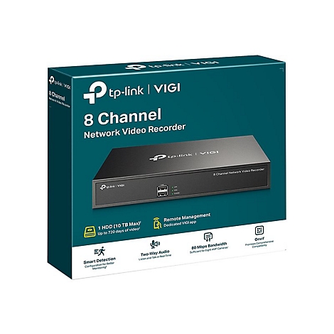 Produktverpackung für einen schwarzen TP-Link VIGI 8-Kanal Netzwerk-Videorekorder vor weißem Hintergrund.