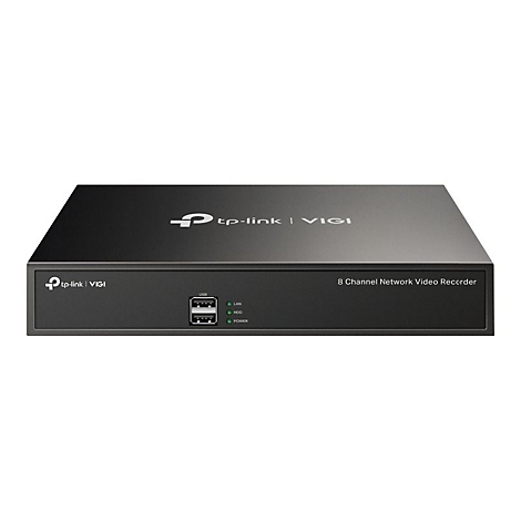Schwarzer TP-Link VIGI 8-Kanal Netzwerk-Videorekorder vor weißem Hintergrund.