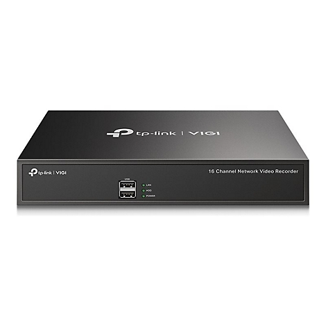 Schwarzer Netzwerk-Videorecorder von Tp-link, VIGI-Logo, USB-Anschlüsse, LED-Anzeigen, Text: 16 Channel Network Video Recorder.