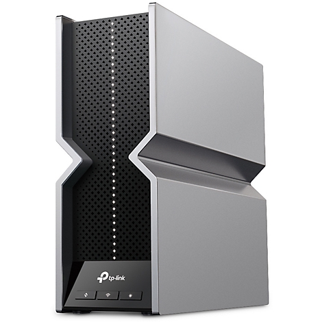 Un routeur Wi-Fi gris avec une façade perforée et le logo TP-Link.