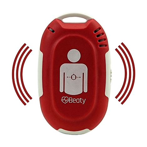 Rotes, ovales Gerät mit einer weißen Person auf der Vorderseite. Seitlich Wellen, Logo "Beaty".