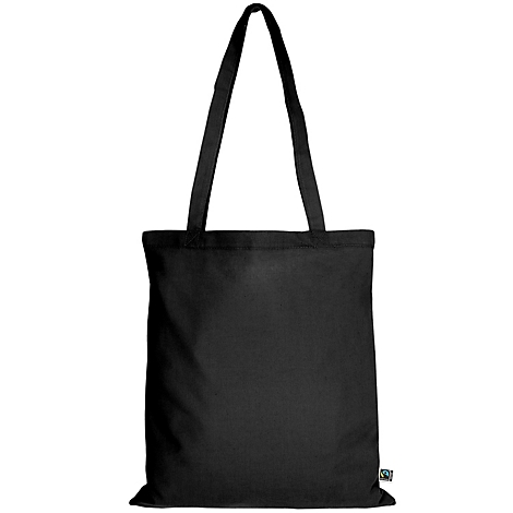 Schwarze Stofftasche mit Henkeln vor weißem Hintergrund.