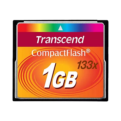 Carte CompactFlash Transcend. Inscription : "1GB", "133x". Couleurs : orange, rouge et violet.