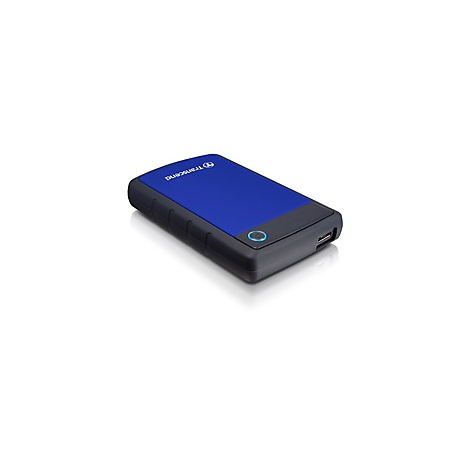 Disque dur externe bleu et noir avec logo de marque bleu.