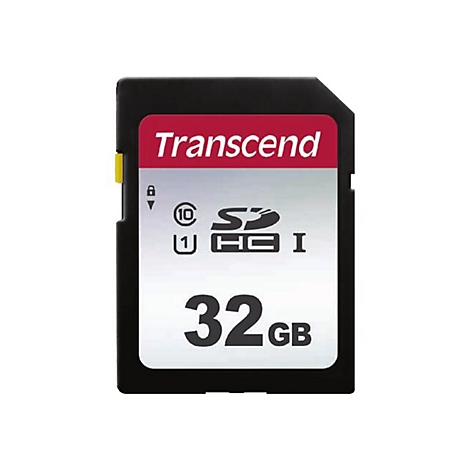 Carte SD Transcend noire, logo rouge et blanc, mémoire 32 Go. Curseur jaune, fonctions de sécurité, symbole 10.